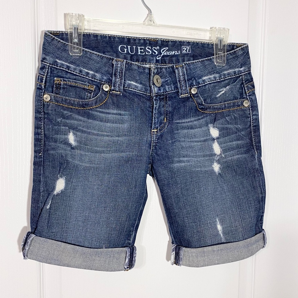 GUESS Dark Blue Distressed Denim Jean Shorts